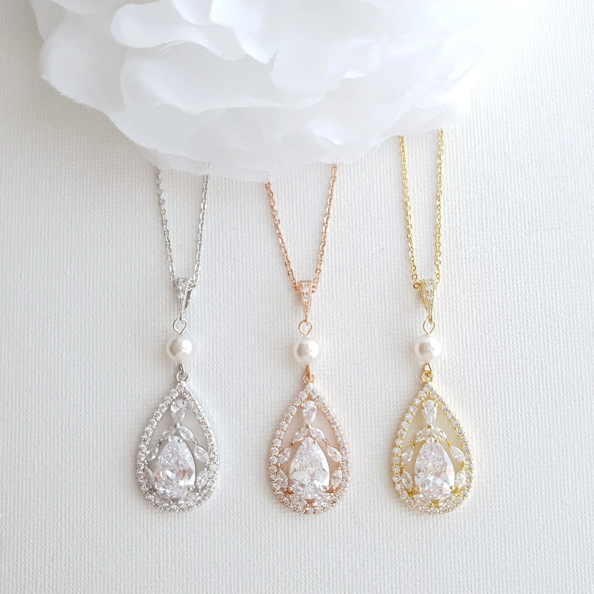 Bridal Pendant Necklace with Teardrop CZ Crystals-Esther