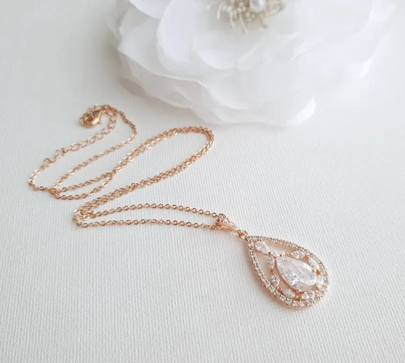 Bridal Pendant Necklace with Teardrop CZ Crystals-Esther