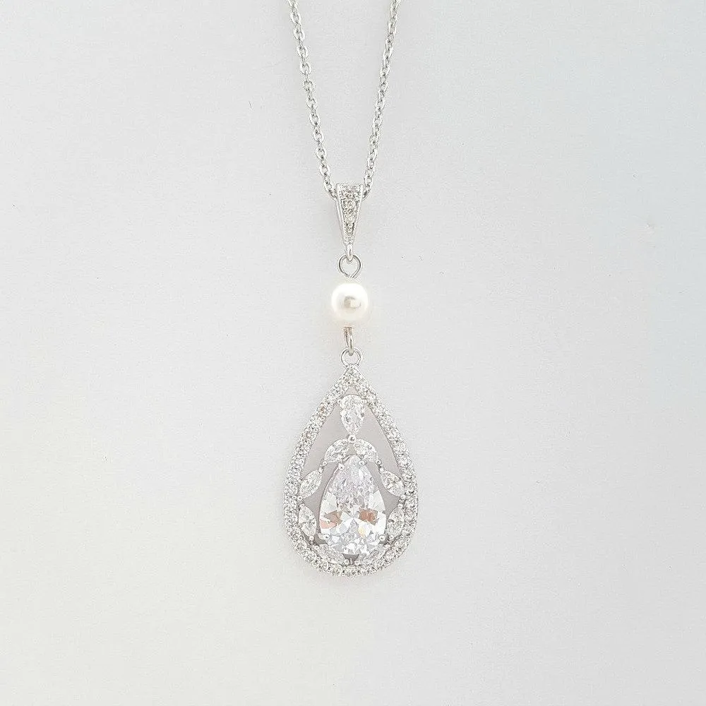 Bridal Pendant Necklace with Teardrop CZ Crystals-Esther