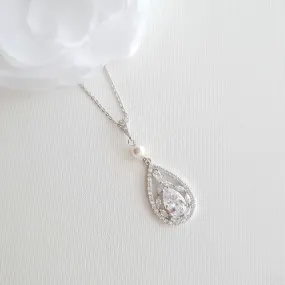 Bridal Pendant Necklace with Teardrop CZ Crystals-Esther