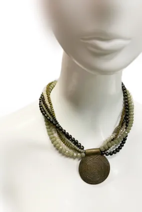 Bronze Pendant, Crystal Beads, and Freshwater Pearls Necklace