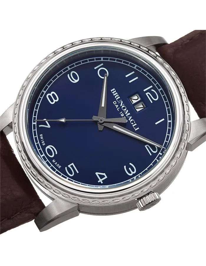 Bruno Magli Mens Dante Embossed Case - Blue Dial - Leather Strap - Date Window