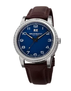 Bruno Magli Mens Dante Embossed Case - Blue Dial - Leather Strap - Date Window