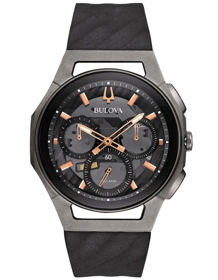 Bulova Mens Curv Chronograph - Steel & Titanium&#44; Black Leather - Exhibition Dial