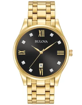 Bulova Mens Diamond Watch - Gold-Tone Case - Black Dial - Bracelet - Date