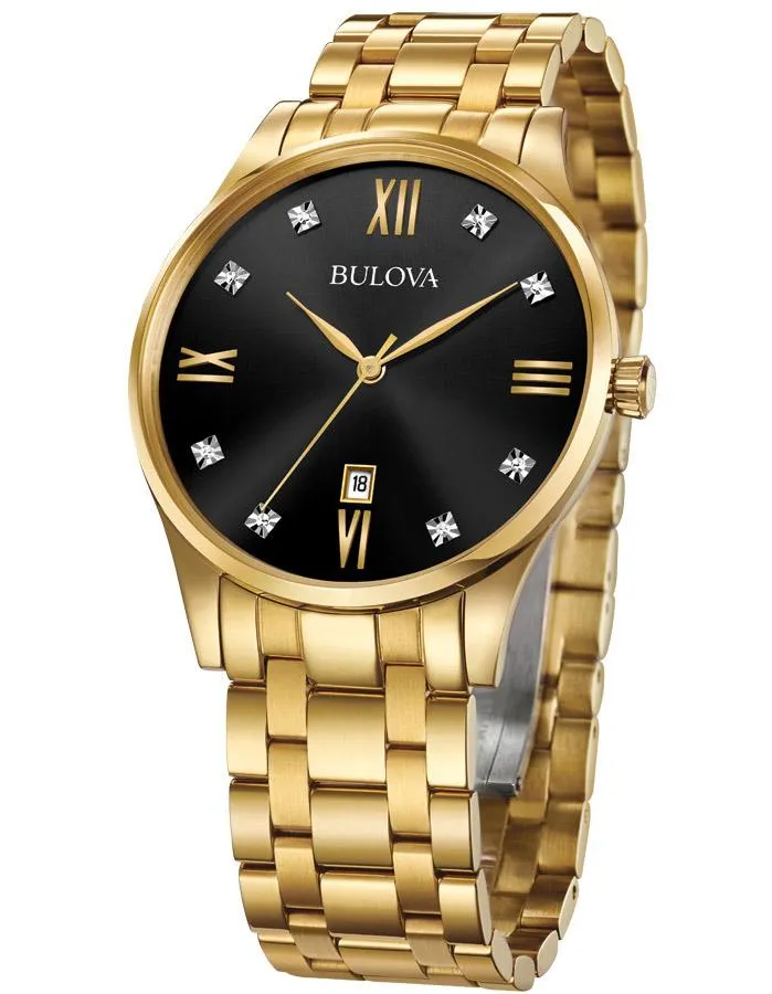 Bulova Mens Diamond Watch - Gold-Tone Case - Black Dial - Bracelet - Date