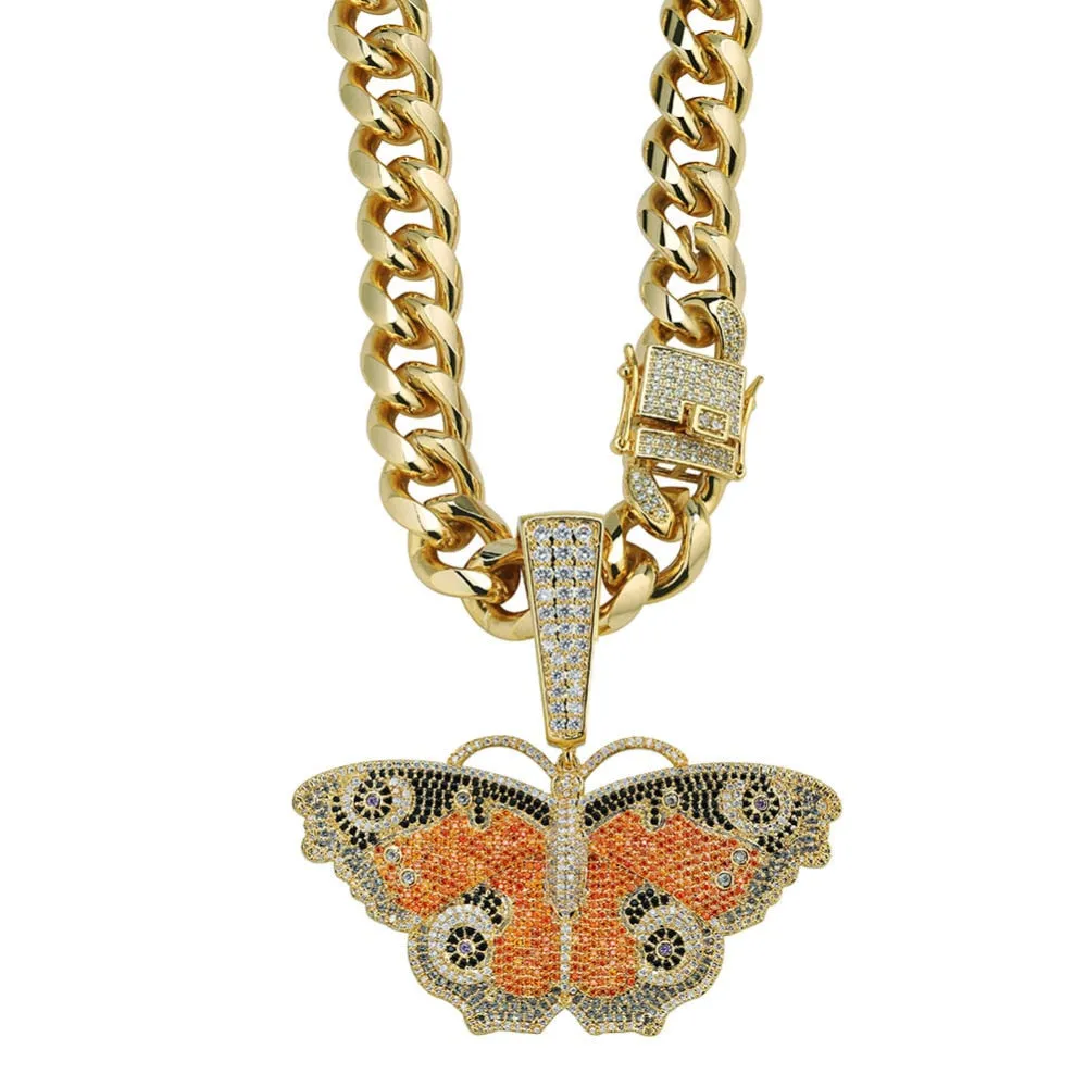 Butterfly Micro Paved Cubic Zirconia Stainless Steel Hip-Hop Pendant Necklace