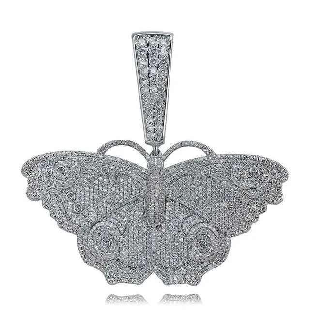 Butterfly Micro Paved Cubic Zirconia Stainless Steel Hip-Hop Pendant Necklace