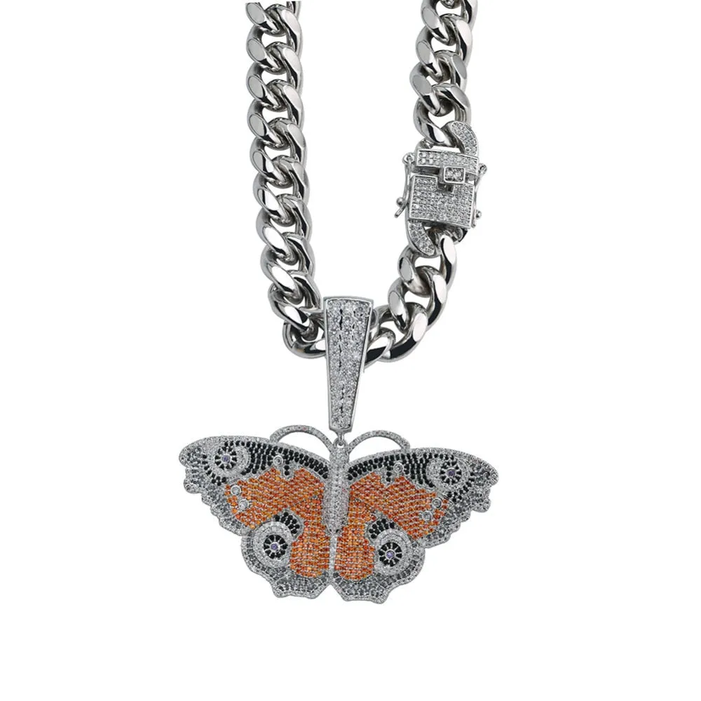 Butterfly Micro Paved Cubic Zirconia Stainless Steel Hip-Hop Pendant Necklace