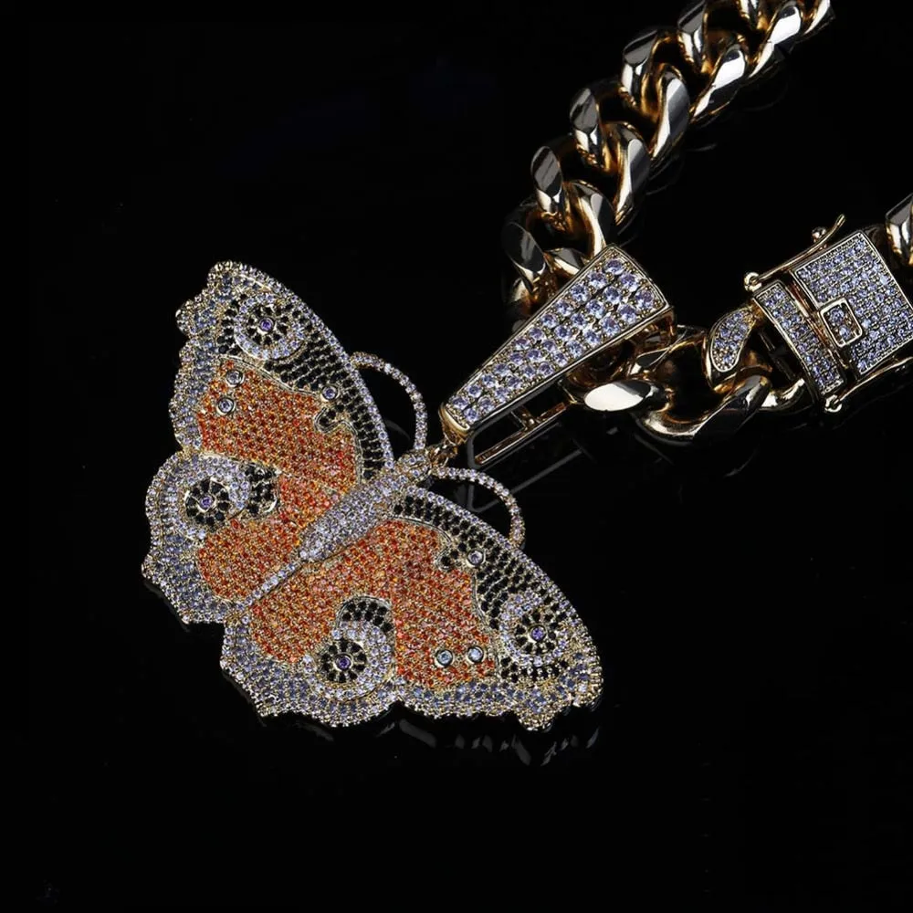 Butterfly Micro Paved Cubic Zirconia Stainless Steel Hip-Hop Pendant Necklace