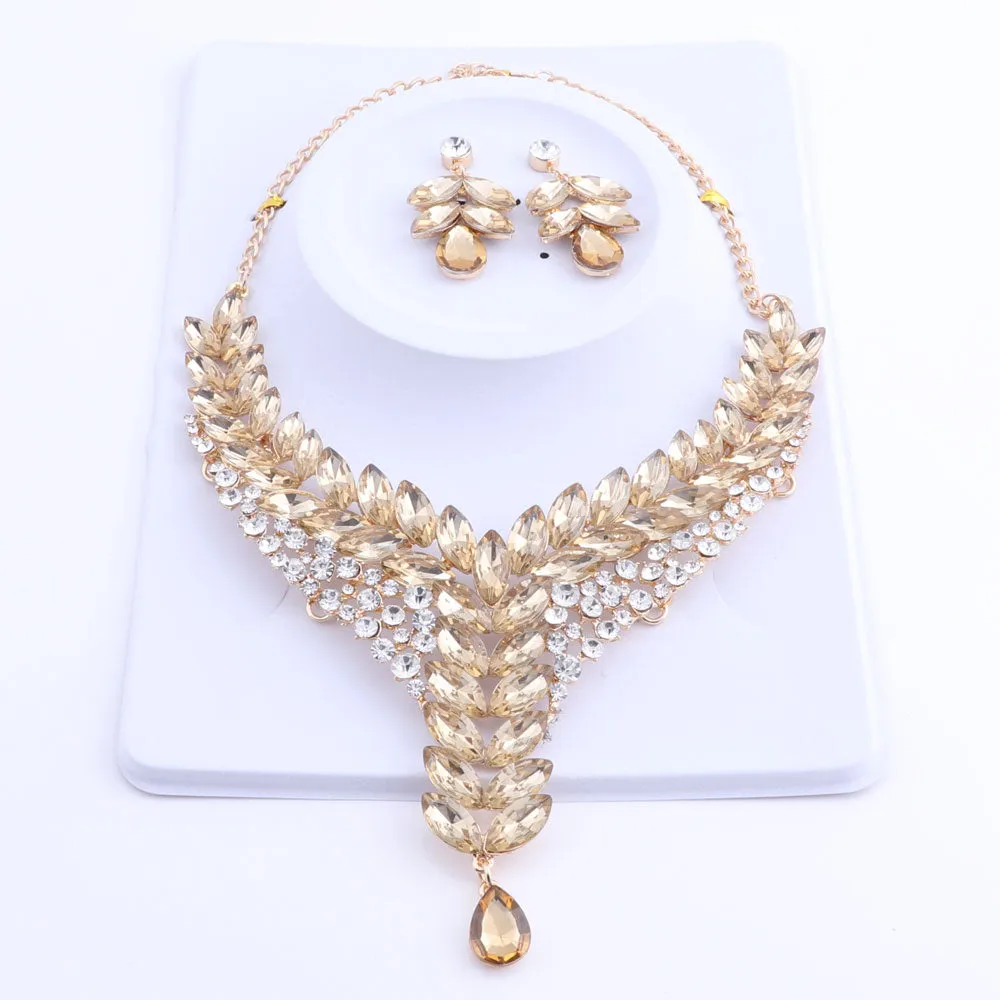 Champagne Crystal Necklace & Earrings Wedding Jewelry Set