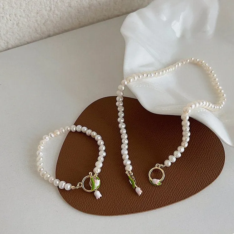 Chic Enamel Tulip Pearl Chain Choker Necklace Bracelet Set