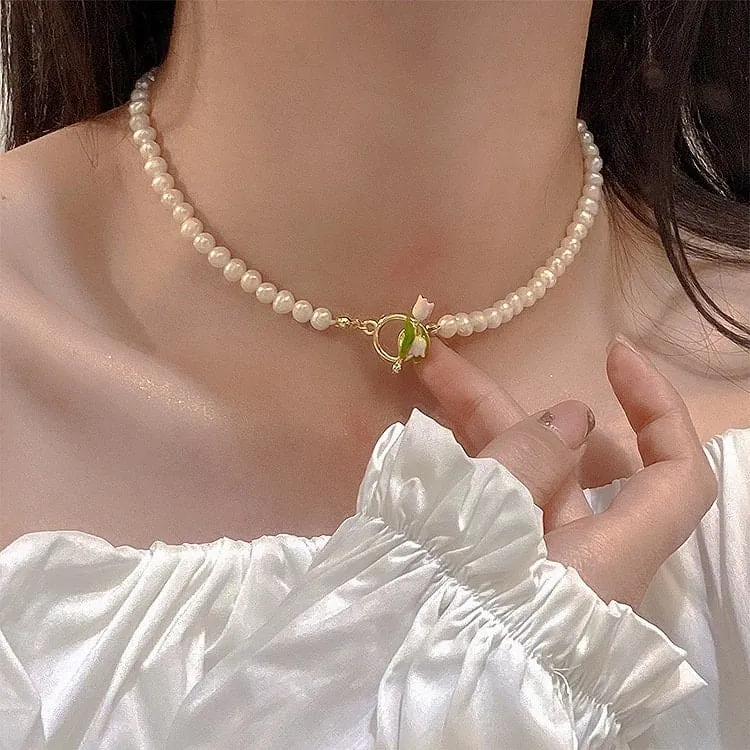 Chic Enamel Tulip Pearl Chain Choker Necklace Bracelet Set