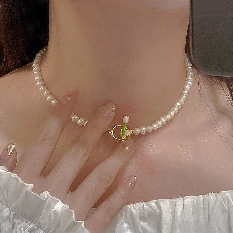 Chic Enamel Tulip Pearl Chain Choker Necklace Bracelet Set