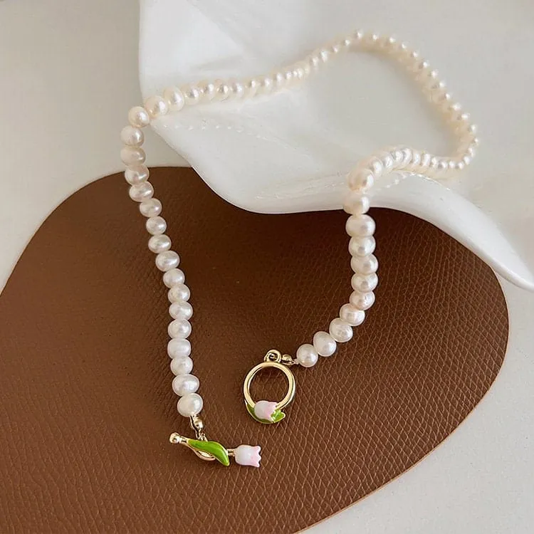 Chic Enamel Tulip Pearl Chain Choker Necklace Bracelet Set