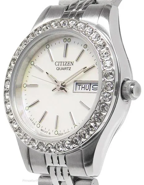 Citizen Quartz Swarovski Crystal Day/Date Ladies Watch - MOP Dial - Stainless