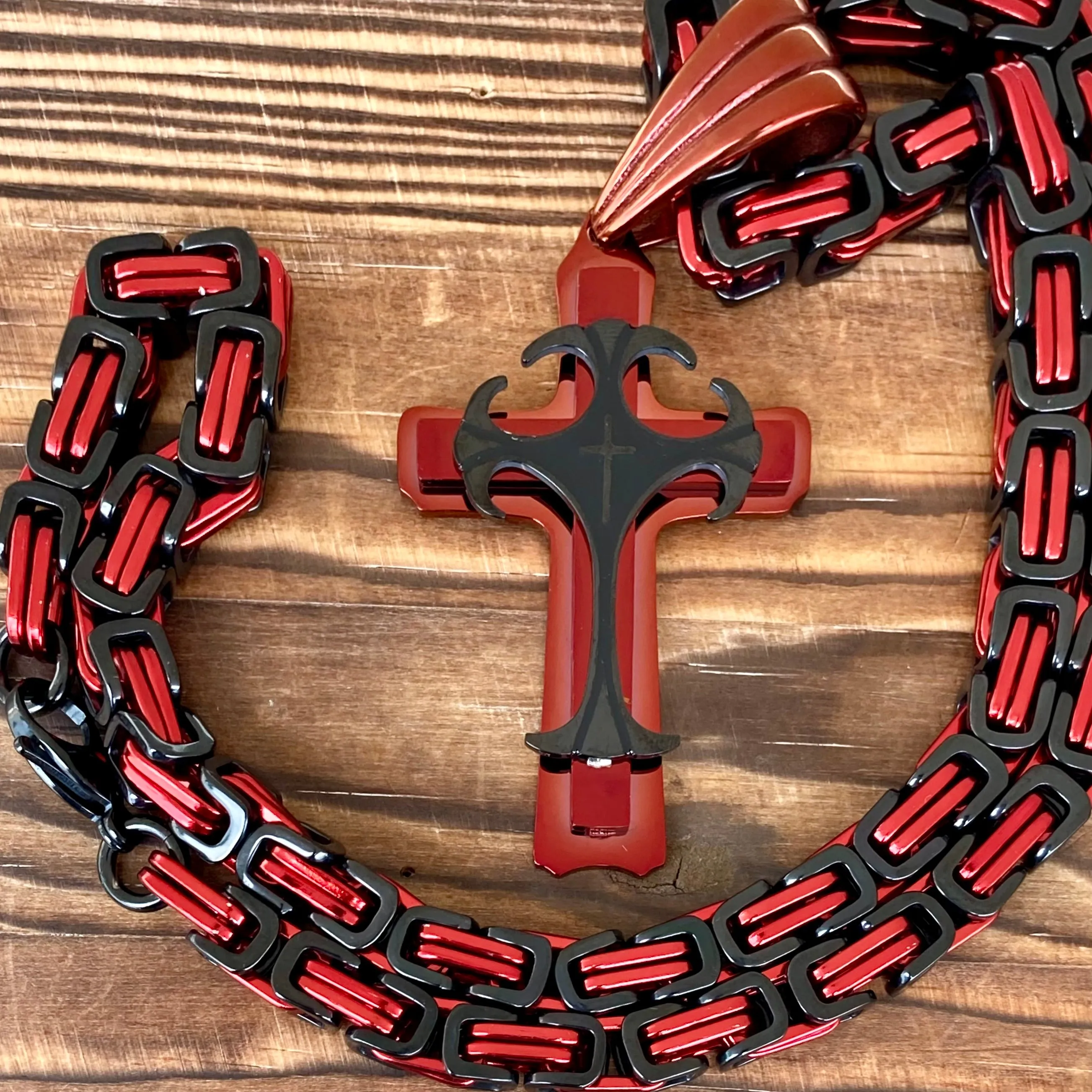 Cross - Risen Cross Red & Black Pendant - Necklace - PEN827