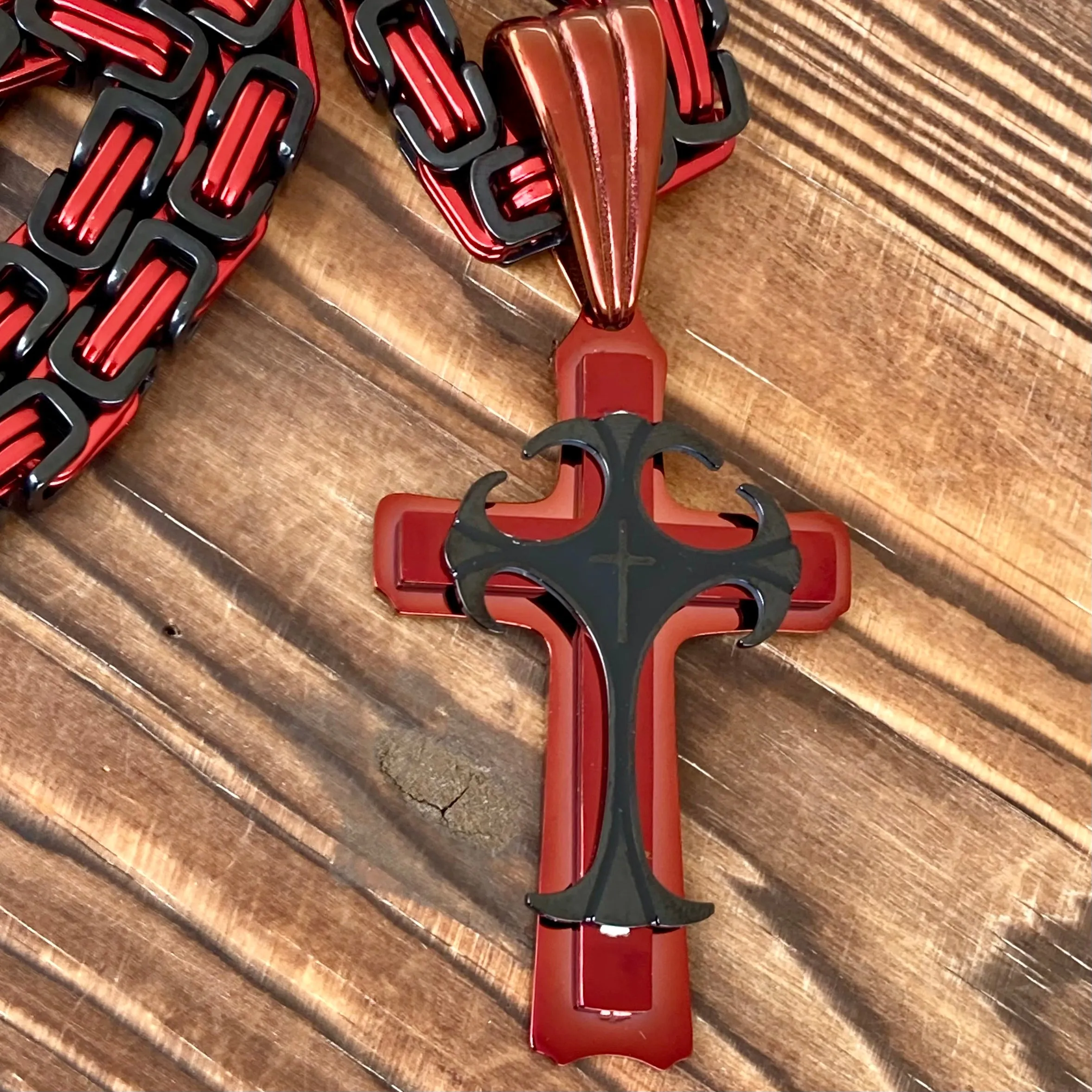 Cross - Risen Cross Red & Black Pendant - Necklace - PEN827