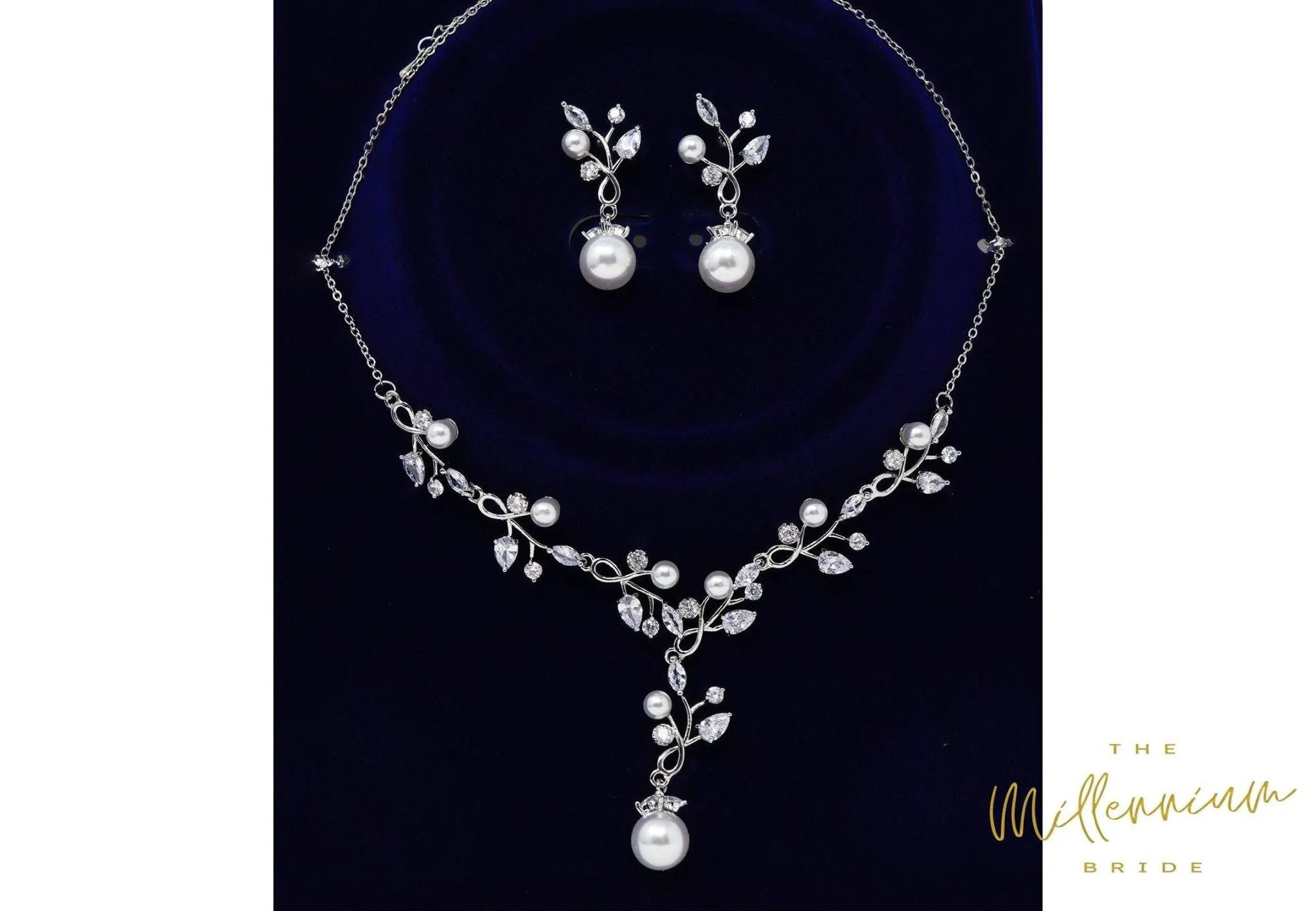 CZ Crystal Floral Pearl Vine Leaves Necklace, Long Bridal Jewelry, Bridal Earrings And Necklace, Statement Earrings Cz Necklace Set.