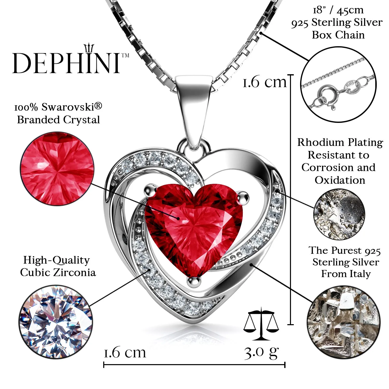 DEPHINI Red Heart Necklace 925 Sterling Silver CZ Pendant Red Crystal