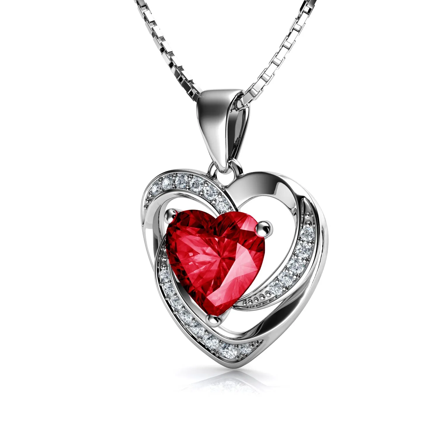 DEPHINI Red Heart Necklace 925 Sterling Silver CZ Pendant Red Crystal