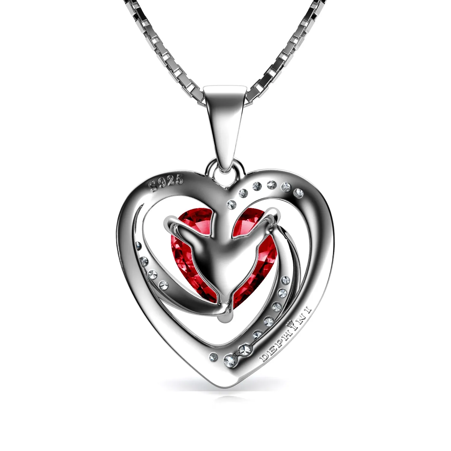 DEPHINI Red Heart Necklace 925 Sterling Silver CZ Pendant Red Crystal