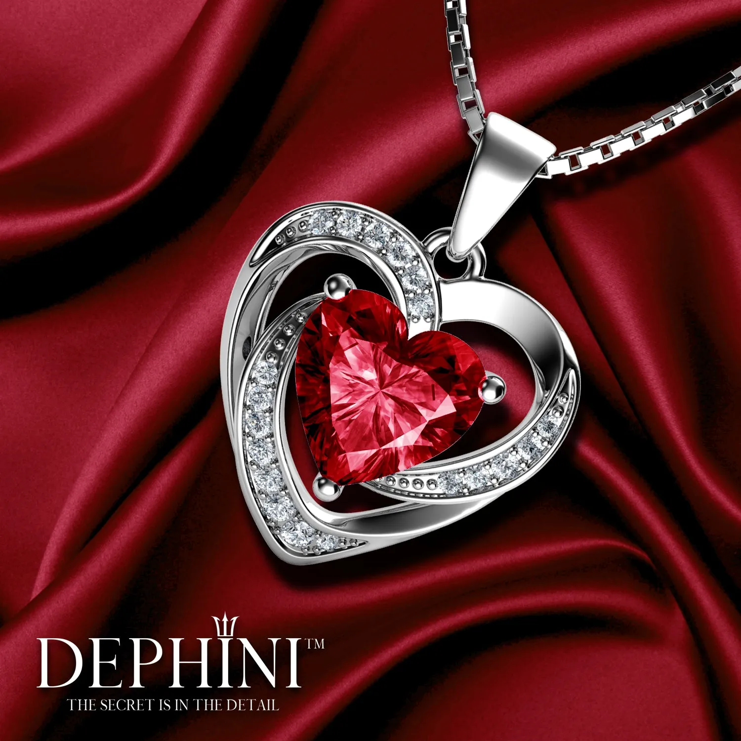 DEPHINI Red Heart Necklace 925 Sterling Silver CZ Pendant Red Crystal