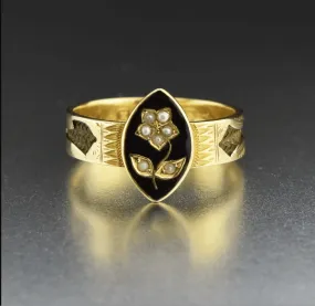 Deposit Antique Forget Me Not Pearl 15K Gold Ring