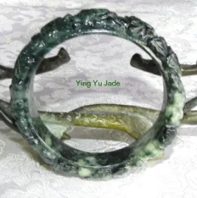 Dynasty Collection-Starlings and Peonies Wealth and Status Deep Green Carved Jade Bangle 58.5mm (DC111)