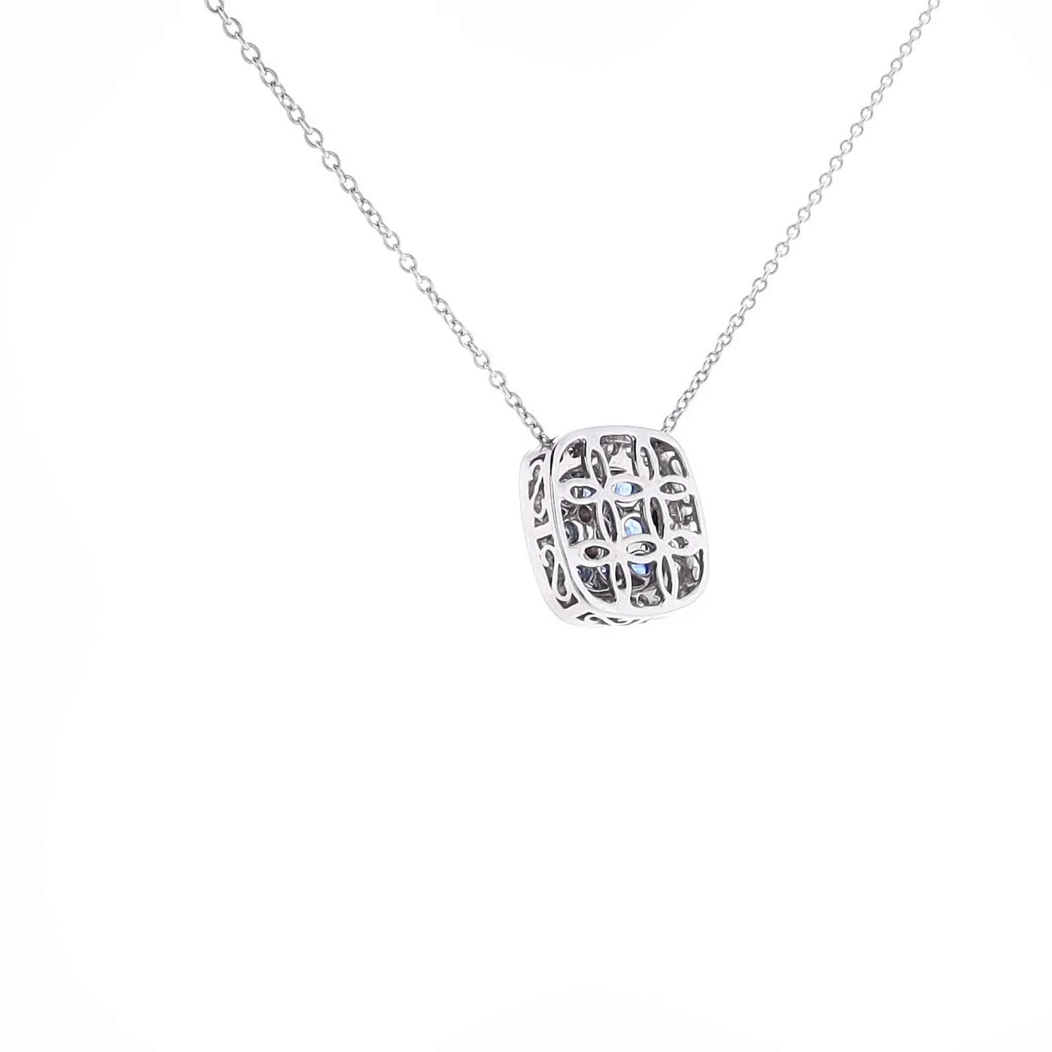 Estate 18k White Gold 16 Sapphire and Diamond Square Pendant Necklace