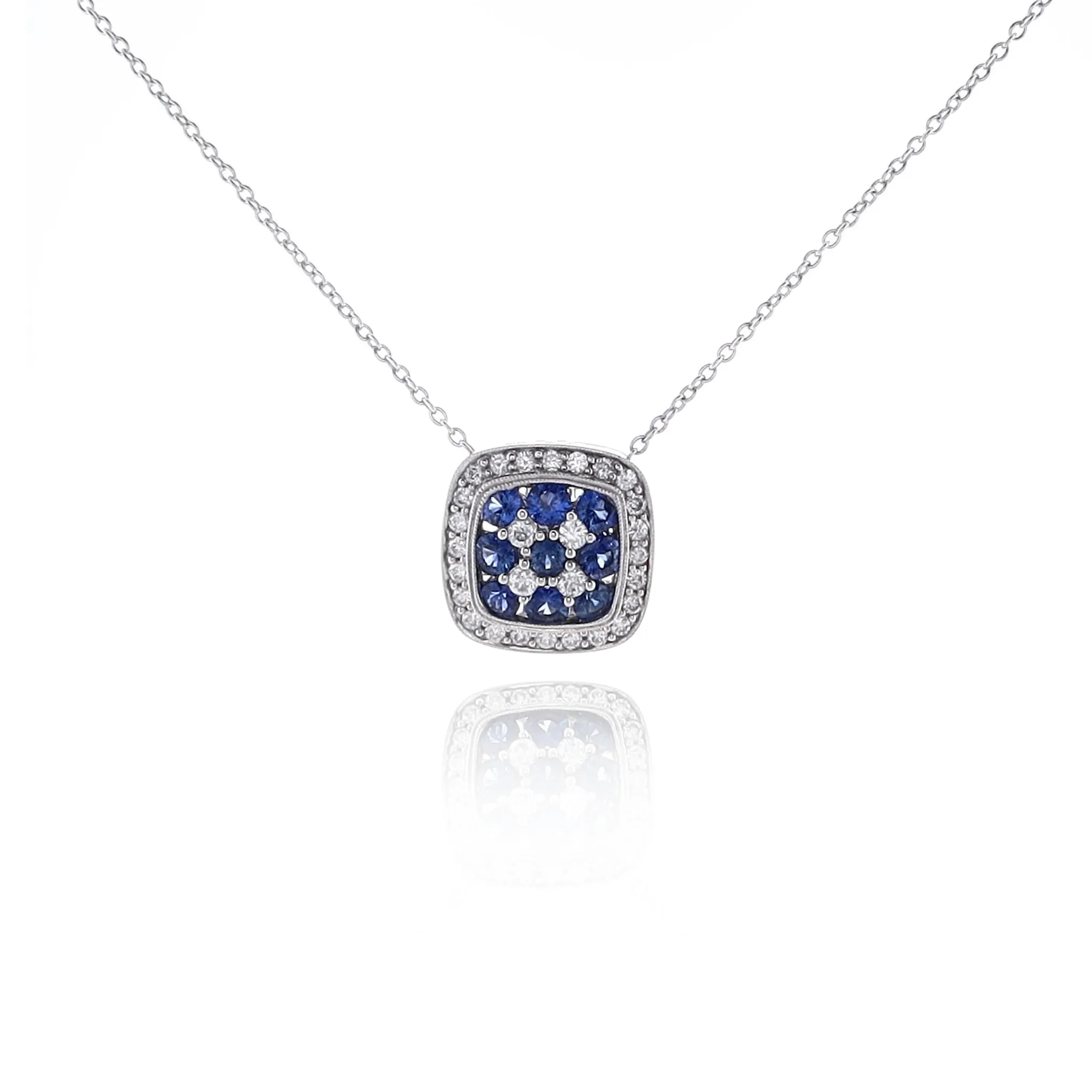 Estate 18k White Gold 16 Sapphire and Diamond Square Pendant Necklace