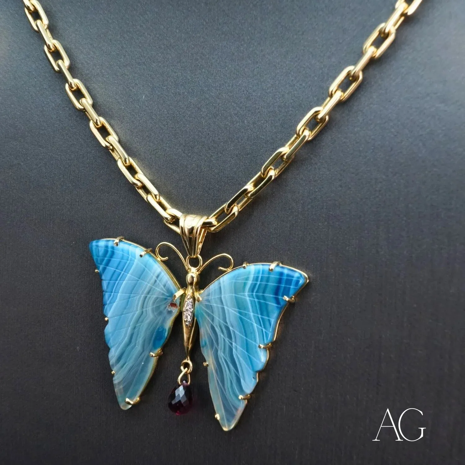 Exquisite Butterfly Pendant with Agate & Diamonds