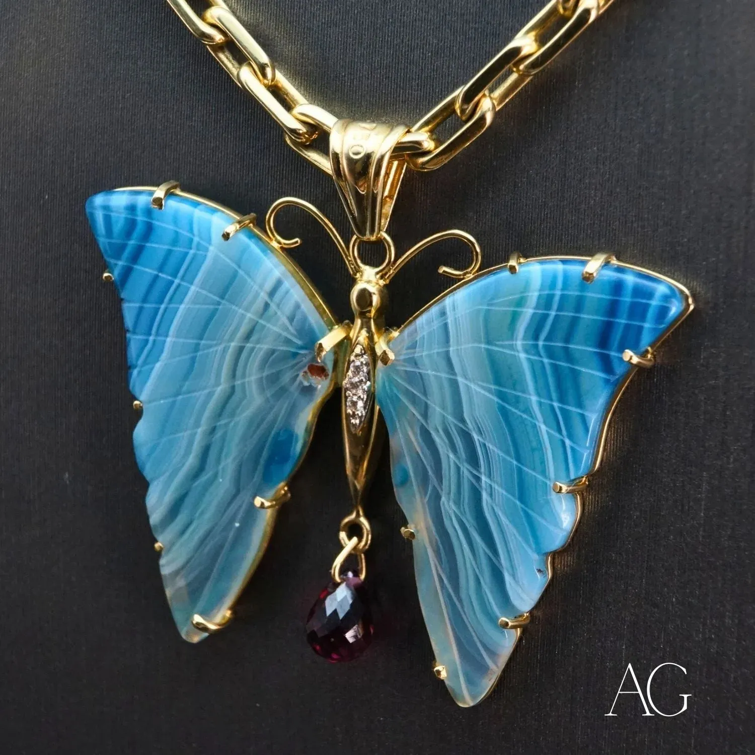 Exquisite Butterfly Pendant with Agate & Diamonds