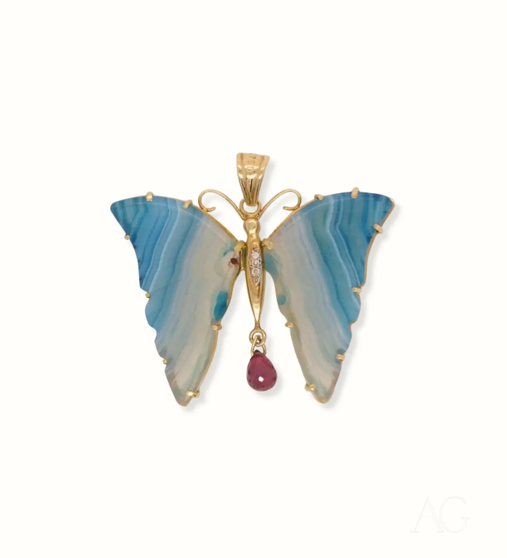 Exquisite Butterfly Pendant with Agate & Diamonds