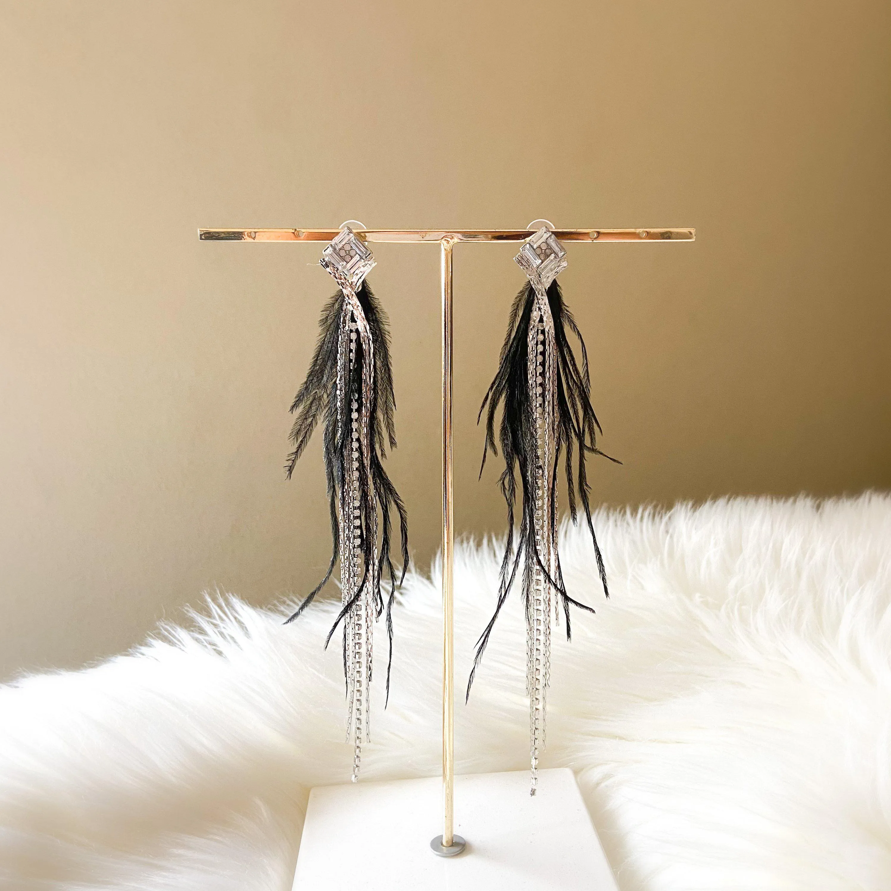 Feather & Rhinestone Duster Earrings