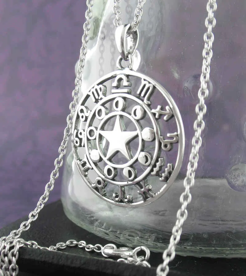 Five-Pointed Star With Moon Phases and Zodiac Symbols Pendant