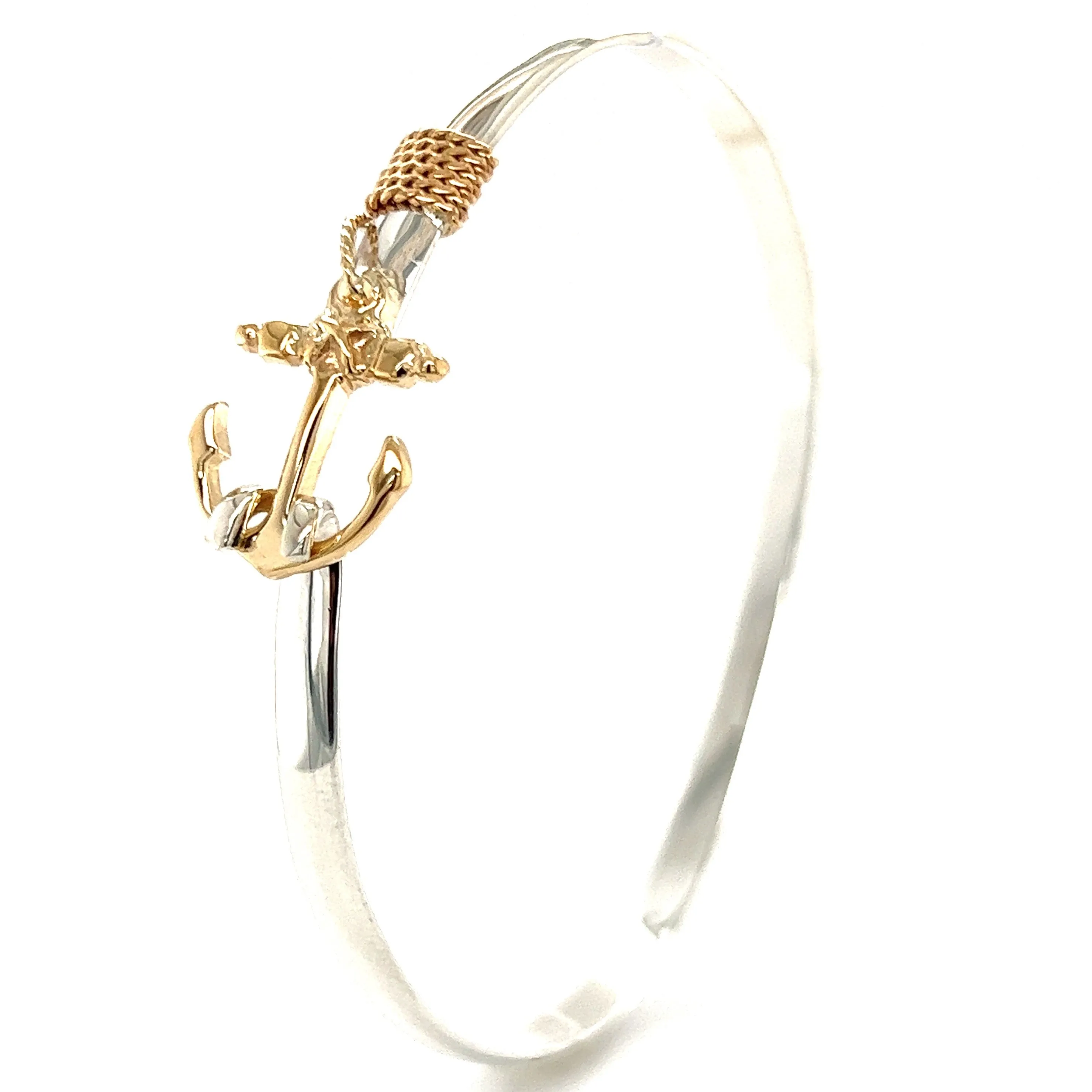 Flat 4mm Bangle Bracelet with 14K Yellow Gold Anchor and Wrap in Sterling Silver