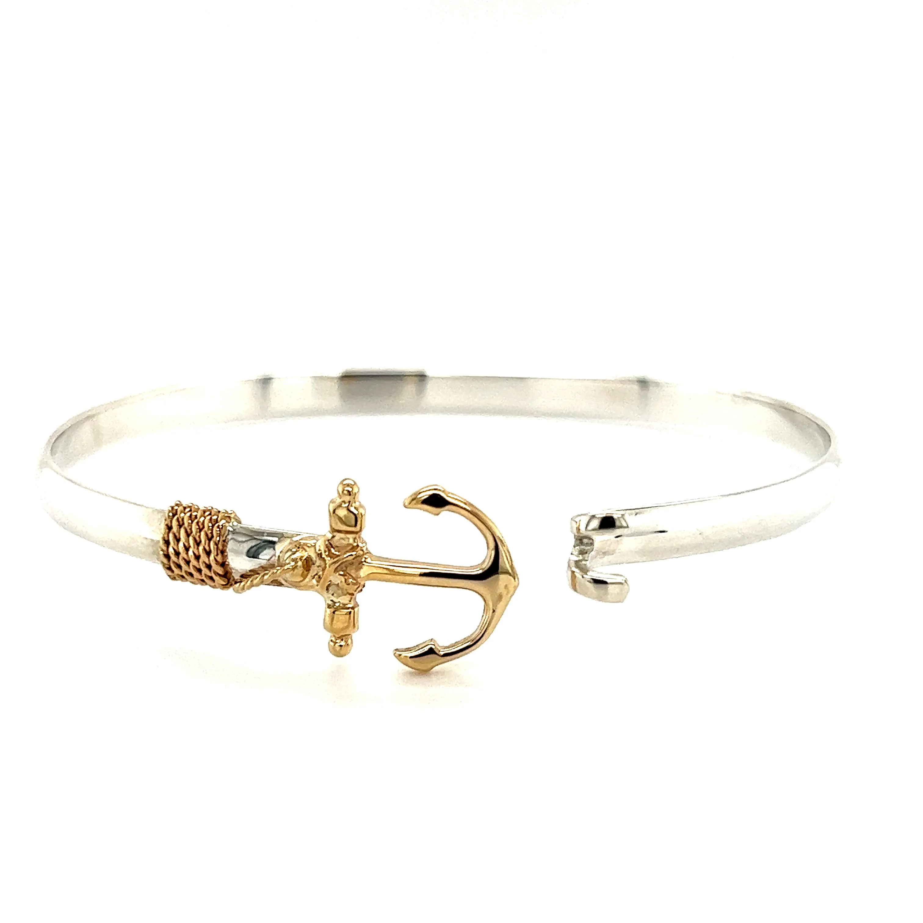 Flat 4mm Bangle Bracelet with 14K Yellow Gold Anchor and Wrap in Sterling Silver