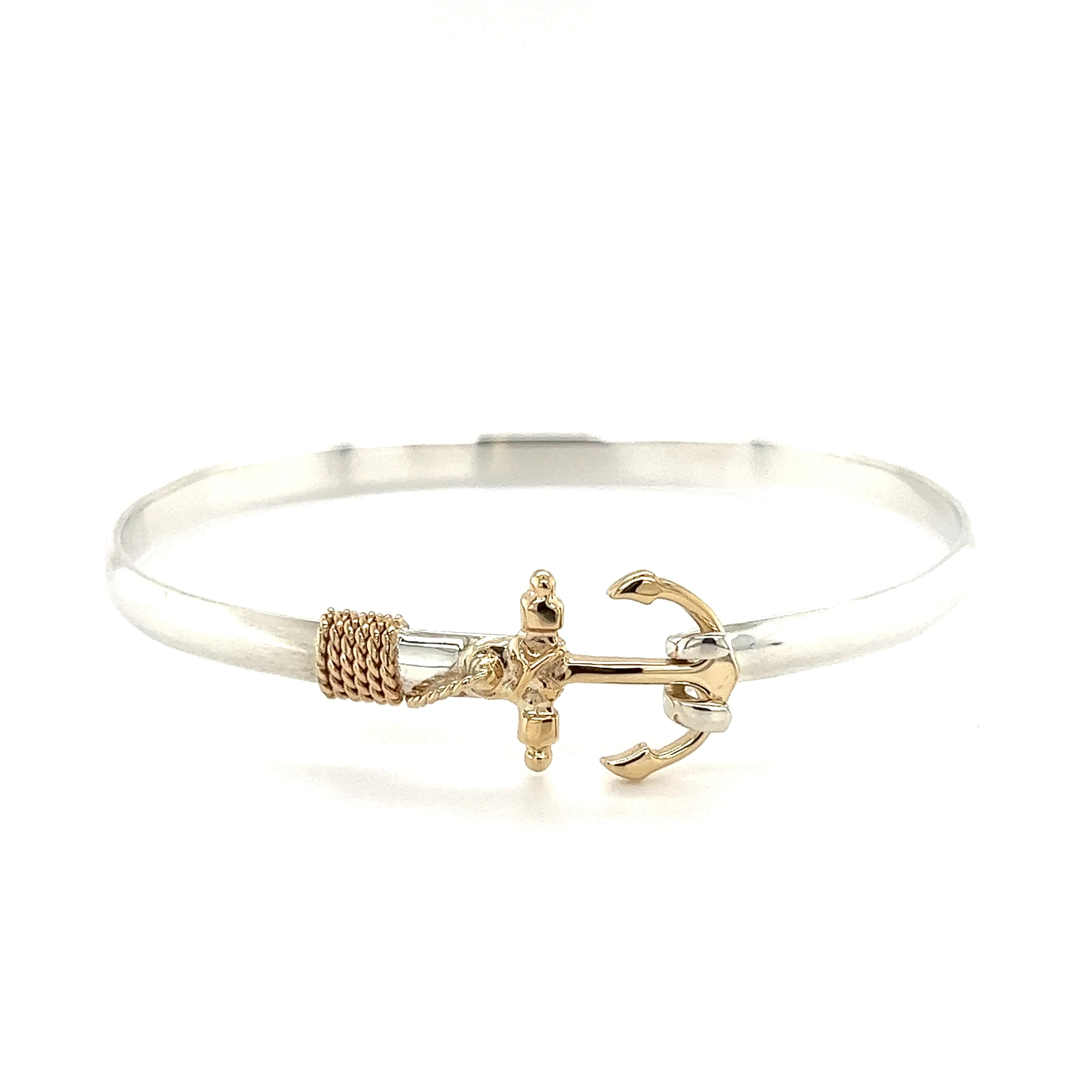 Flat 4mm Bangle Bracelet with 14K Yellow Gold Anchor and Wrap in Sterling Silver