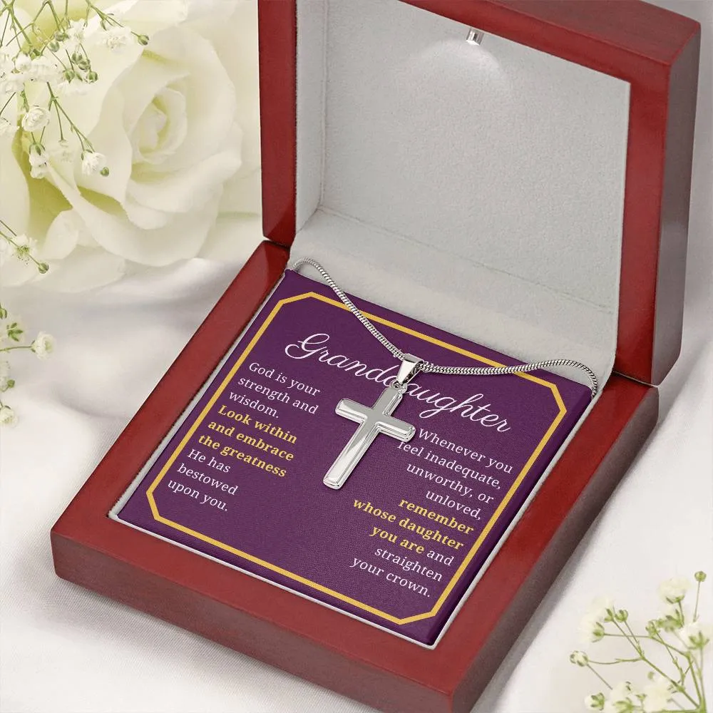 Gift For Granddaughter, Confirmation or Baptism Strength and Wisdom Stainless Steel Cross Necklace