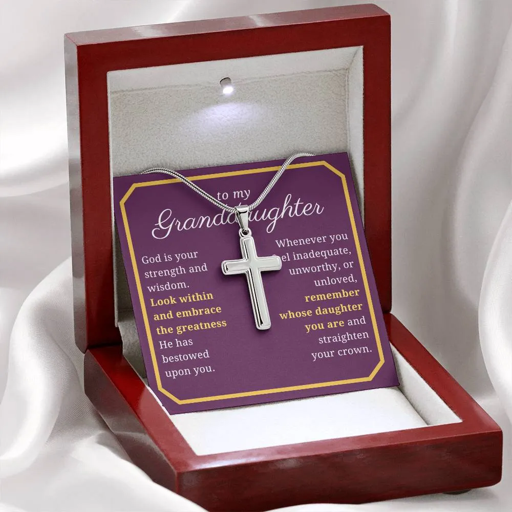 Gift For Granddaughter, Confirmation or Baptism Strength and Wisdom Stainless Steel Cross Necklace