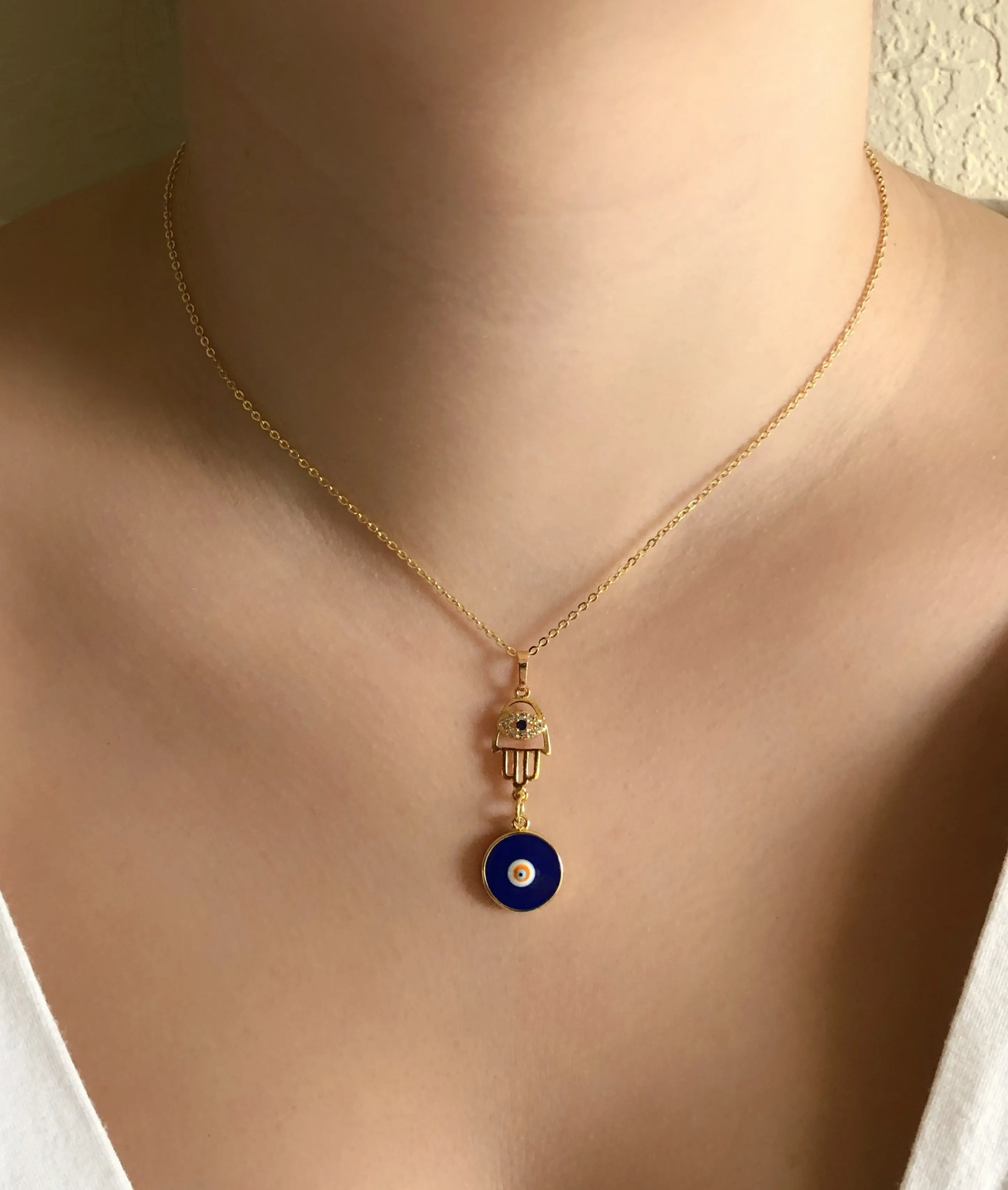 Gold Hamsa Hand and Blue Evil Eye Short Choker Chain 15.5 Inches