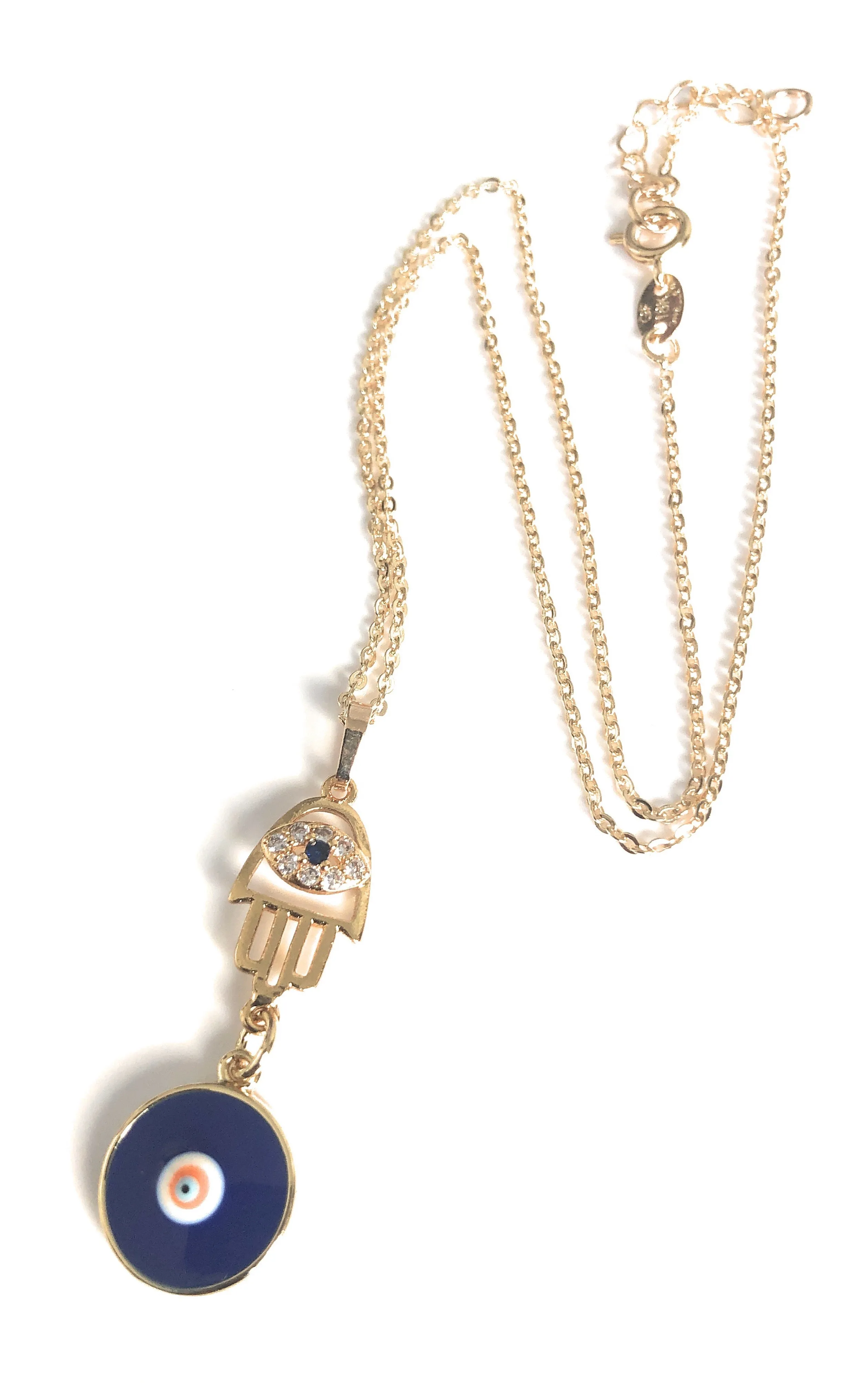 Gold Hamsa Hand and Blue Evil Eye Short Choker Chain 15.5 Inches