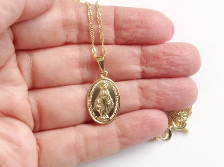 Gold Miraculous Medal Necklace Virgin Mary Necklace Tiny Gold plated Chain Catholic Jewelry Religious Gift Blessed Mother Religious Medal