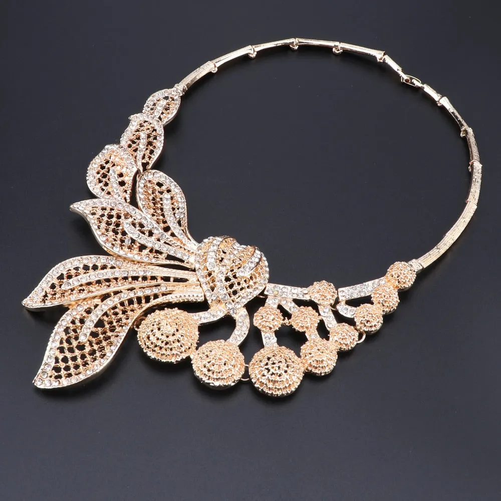 Gold-Plated Leaves and Buds Crystal Necklace, Bracelet, Earrings & Ring Wedding Jewelry Set