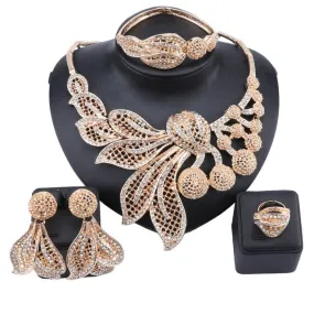 Gold-Plated Leaves and Buds Crystal Necklace, Bracelet, Earrings & Ring Wedding Jewelry Set