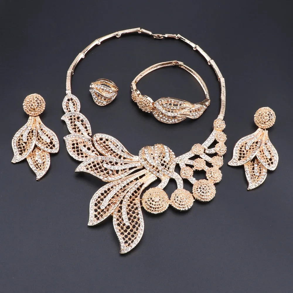 Gold-Plated Leaves and Buds Crystal Necklace, Bracelet, Earrings & Ring Wedding Jewelry Set