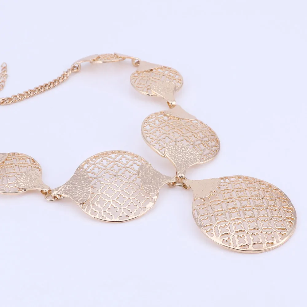 Gold/Silver-Plated Circle with Flower Patterns Necklace, Bracelet, Earrings & Ring Wedding Jewelry Set