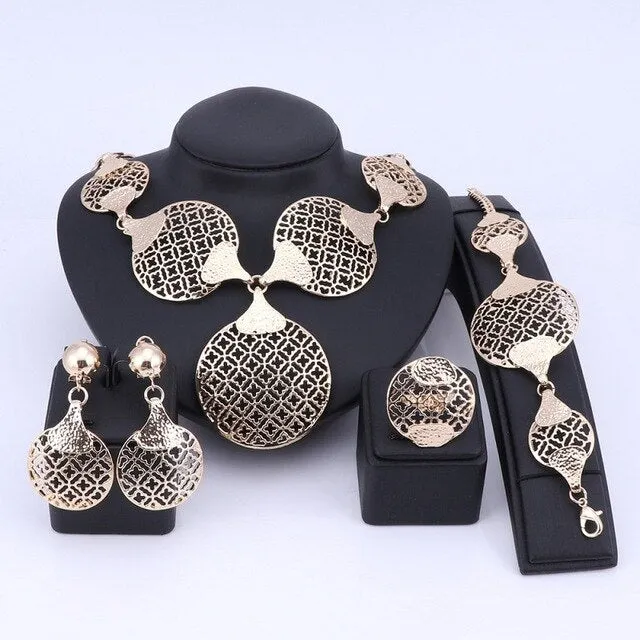 Gold/Silver-Plated Circle with Flower Patterns Necklace, Bracelet, Earrings & Ring Wedding Jewelry Set