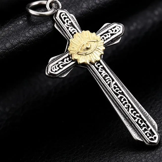 Gothic Two-tone Eye in Cross Pendant with Chain Necklace